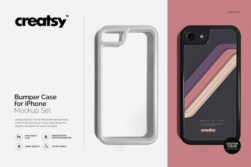 Front view of an iPhone bumper case mockup set showing a black frame with a retro striped design on a neutral background.