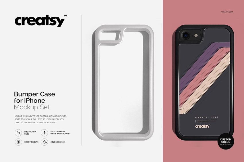 Front view of an iPhone bumper case mockup set showing a black frame with a retro striped design on a neutral background.