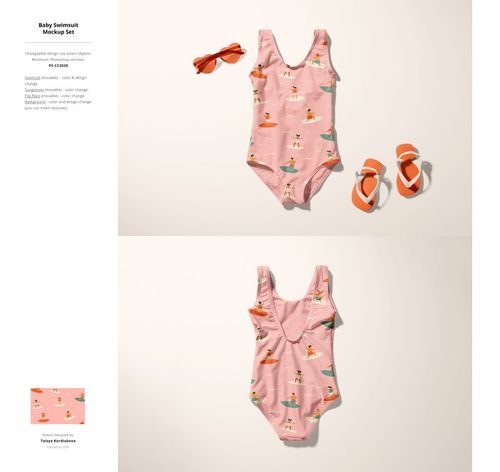 PSD mockup of a baby swimsuit in pink with multicolored prints, accompanied by orange accessories, photographed from above.