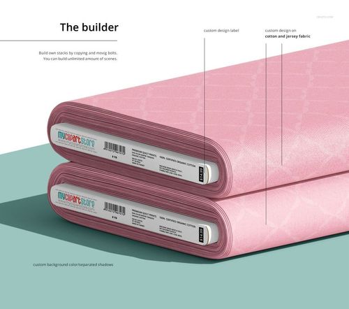 Stacked cotton and jersey fabric bolts in pale pink with geometric patterns, shown in a fabric builder PSD mockup scene.