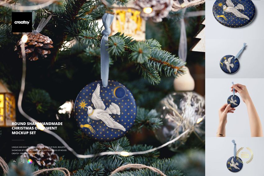 PSD mockup of a circular ornament with bird illustration, shown both on a tree and held by hand with a velvet ribbon.
