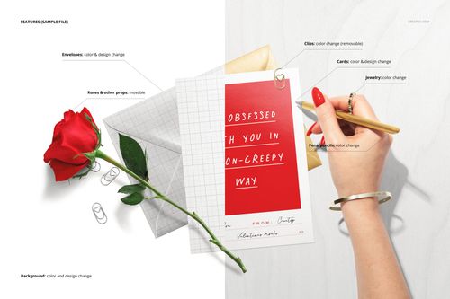 Top view of stationery mockup set featuring a red rose, envelopes, paper clips, greeting card, and a hand holding a pencil.