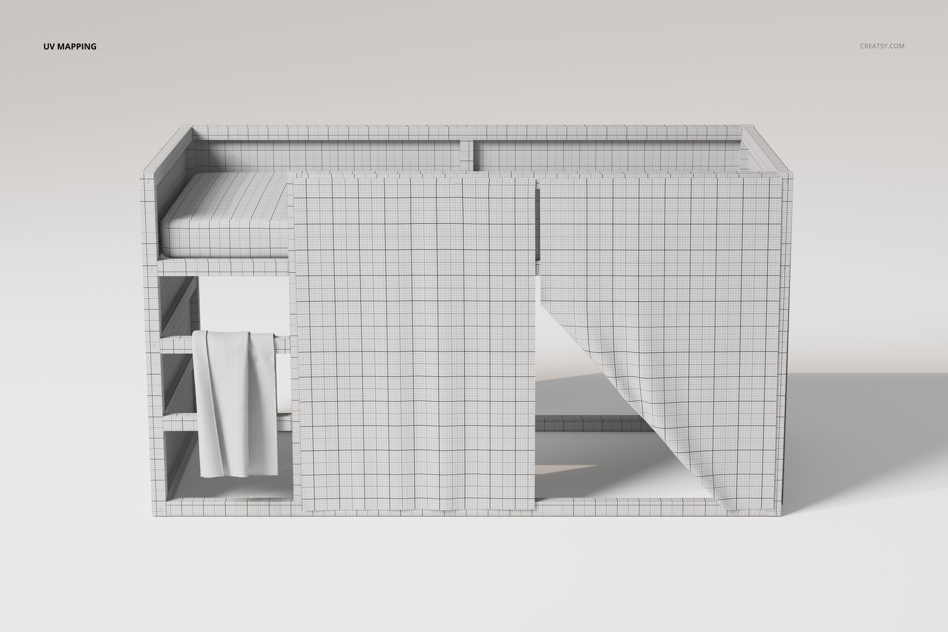 Reversible bunk bed set with grid texture, shown from a side view, featuring shelves and a curtain panel.