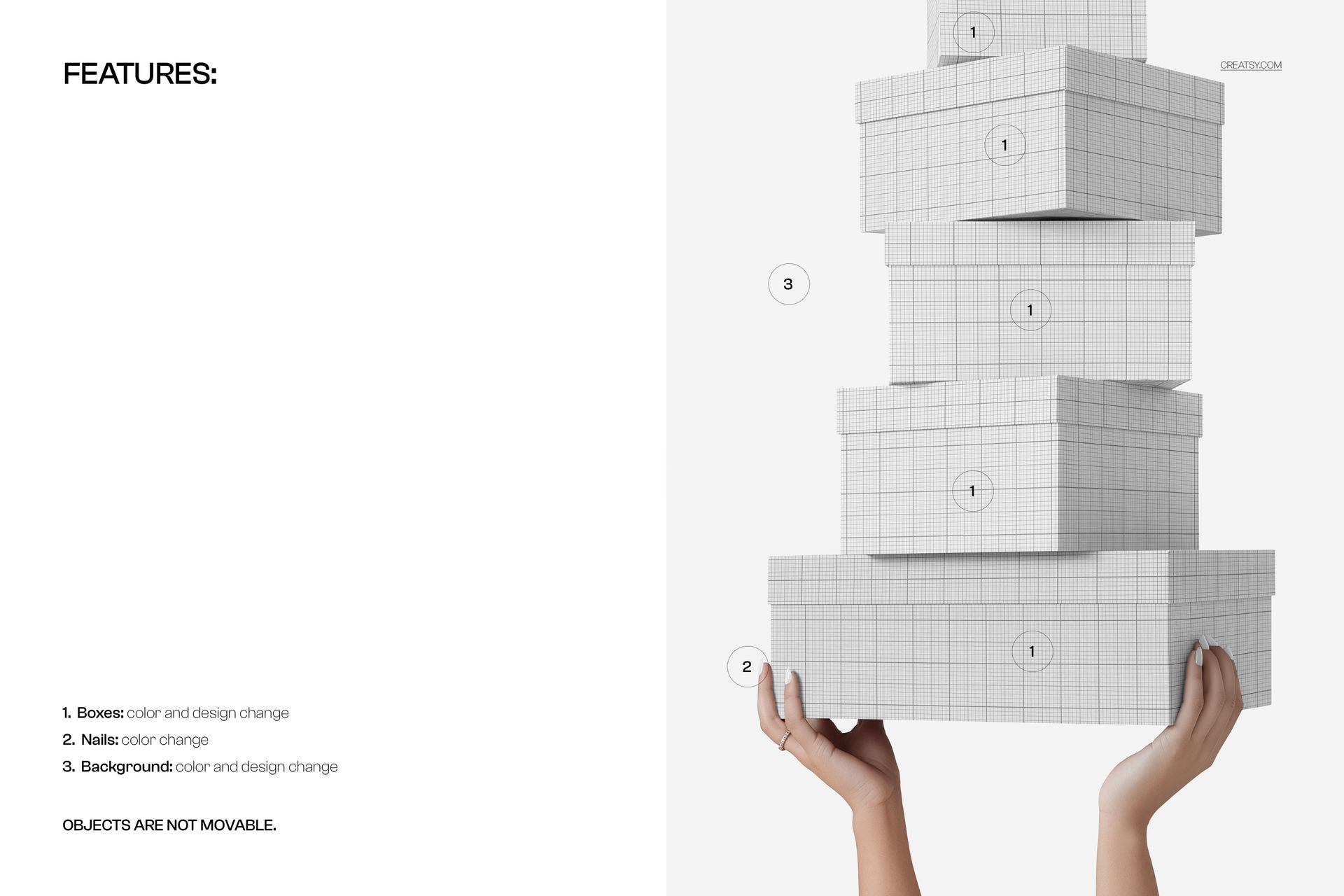 PSD mockup featuring several white packaging boxes with grid lines, stacked and supported by two hands from below.