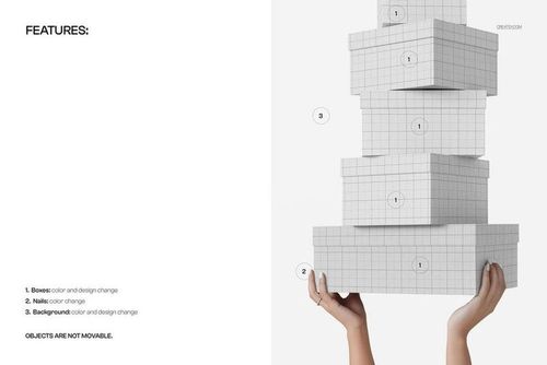 PSD mockup featuring several white packaging boxes with grid lines, stacked and supported by two hands from below.