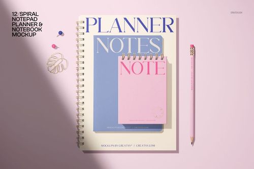 Stationery mockup featuring a spiral notepad, planner, and notebook arranged on a light pink surface with props.
