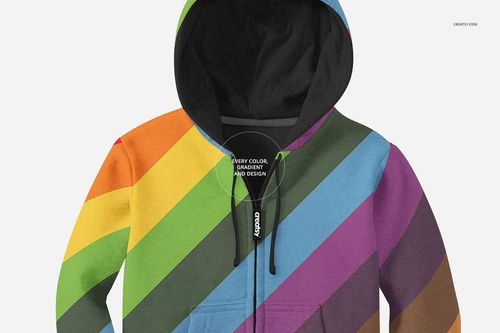 Kids hoodie with diagonal rainbow stripes in orange, green, blue, and purple, shown from the front in a mockup.