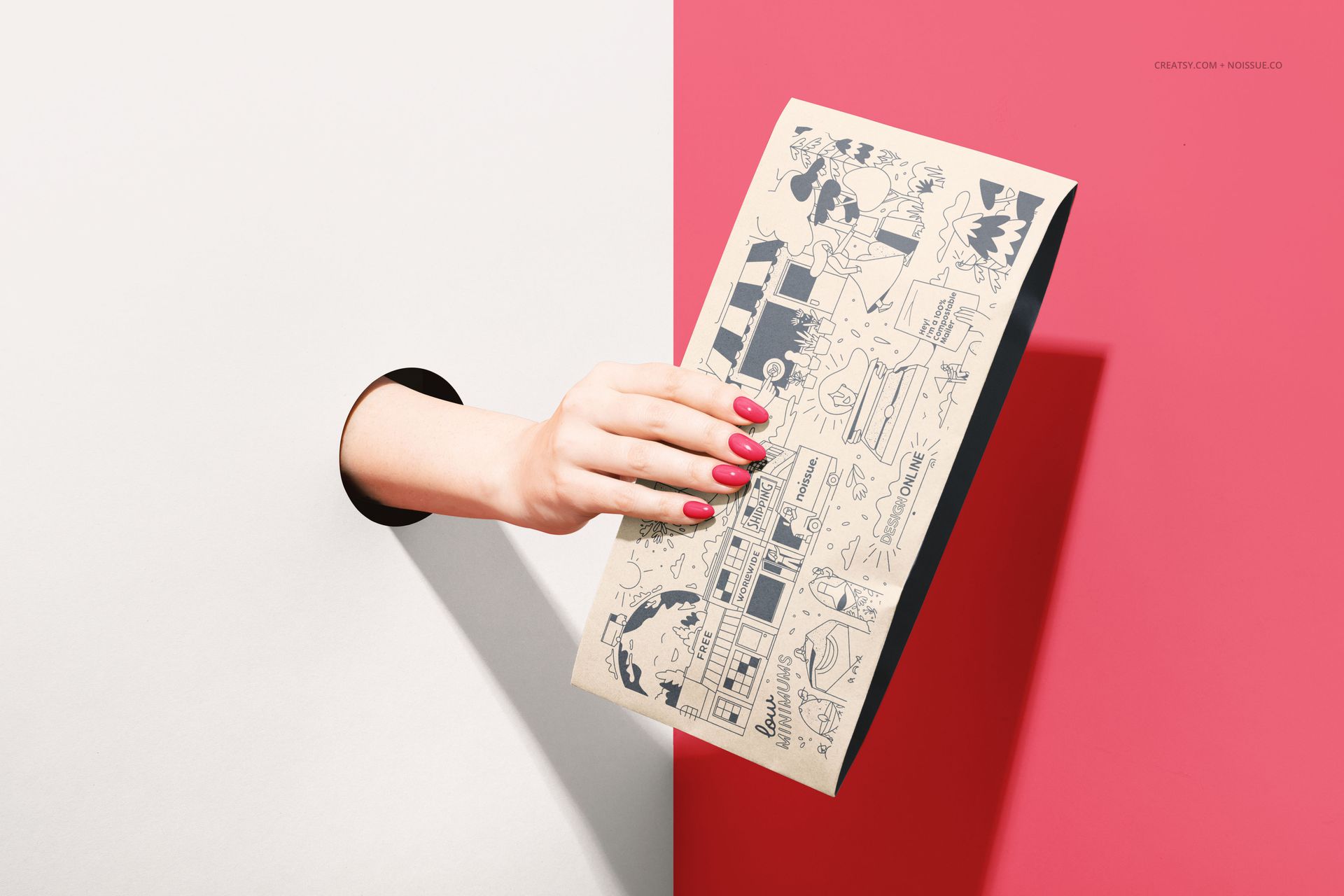 PSD mockup of a kraft mailer with playful line drawings, shown being held through a circular cutout over two-tone background.