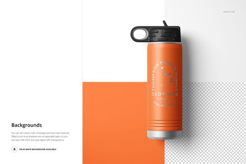 Front view of a powder coated 20 oz. water bottle mockup with an orange body and silver base on a geometric background.