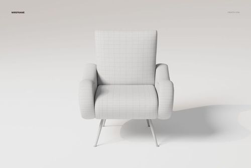 Front view of a modern lounge chair 3D model in white with visible wireframe grid pattern on a plain background.