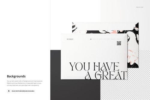 Front view of two tear strip envelopes with minimalist black and white design, shown in a PSD mockup scene.