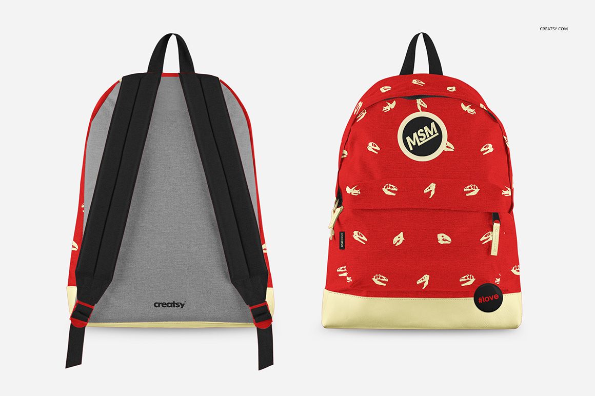 Front and back views of a backpack mockup, featuring a red patterned front with badges and a plain gray back panel.
