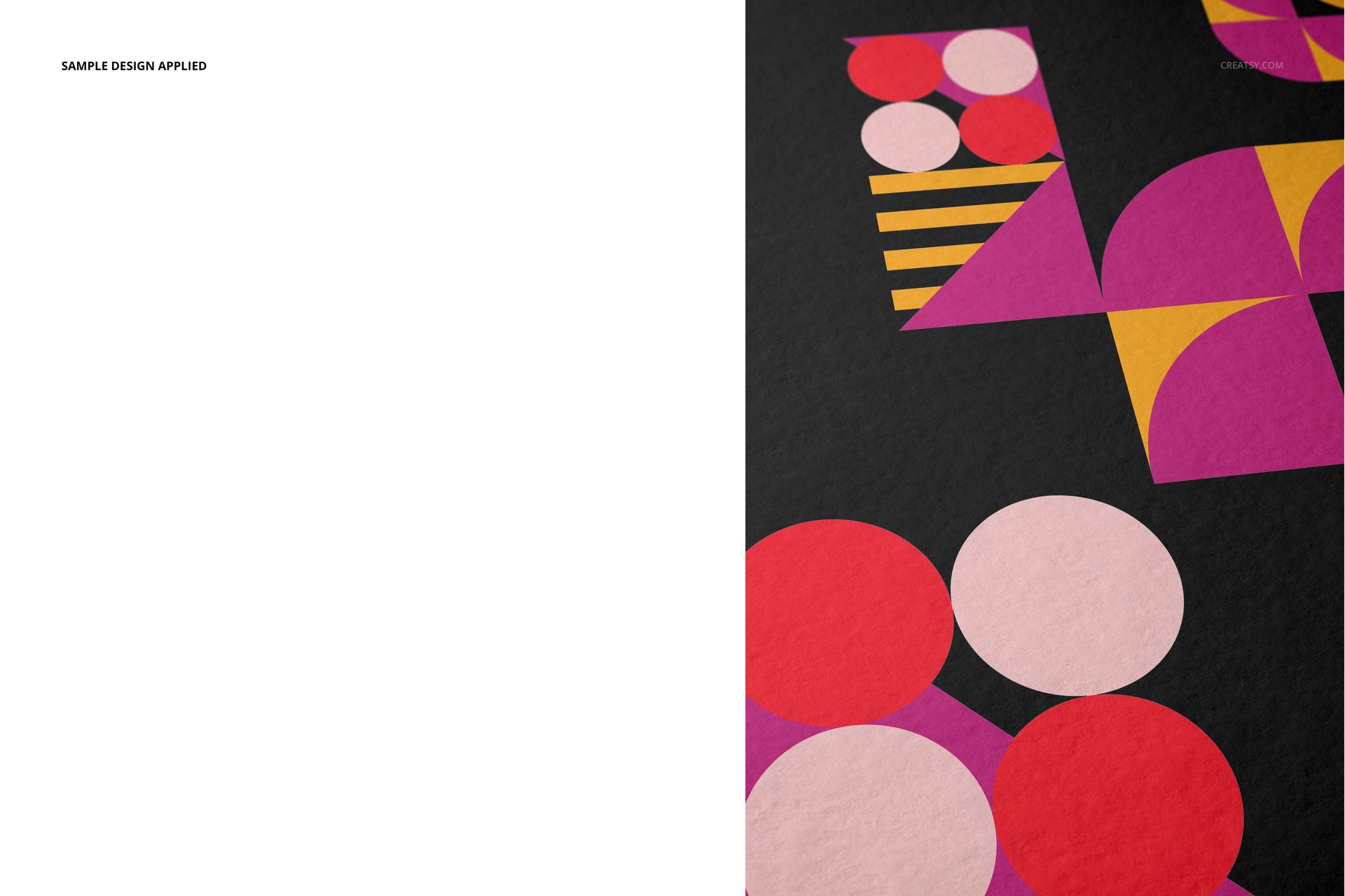 A3 fine art print mockup featuring abstract geometric shapes in pink, yellow, and purple on a dark background, angled view.