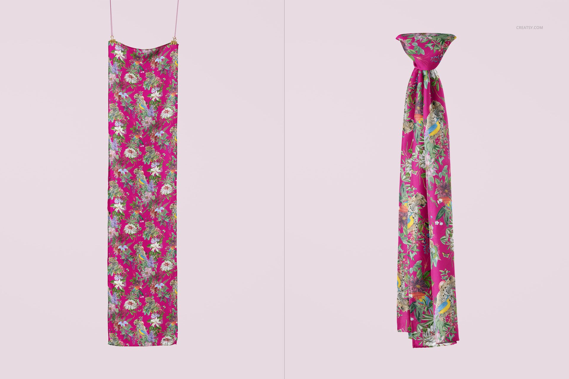 PSD mockup of a rectangular silk scarf featuring colorful botanical and bird motifs, displayed in two arrangements.