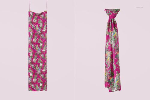 PSD mockup of a rectangular silk scarf featuring colorful botanical and bird motifs, displayed in two arrangements.