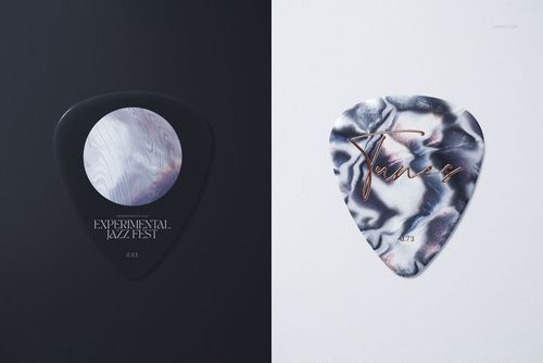 PSD mockup showing two guitar picks, one with a circular motif and the other with a swirling pattern, both with visible text.
