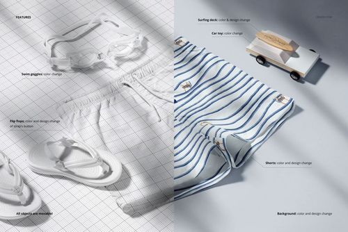 Kids swim shorts mockup featuring white and blue striped shorts, flip-flops, goggles, and toy props on a grid surface.