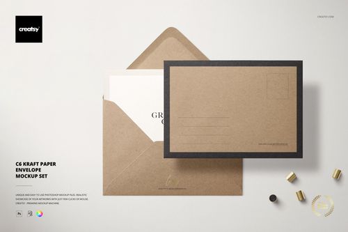 Kraft paper envelope mockup set featuring an open envelope with card and a closed envelope, viewed from above.