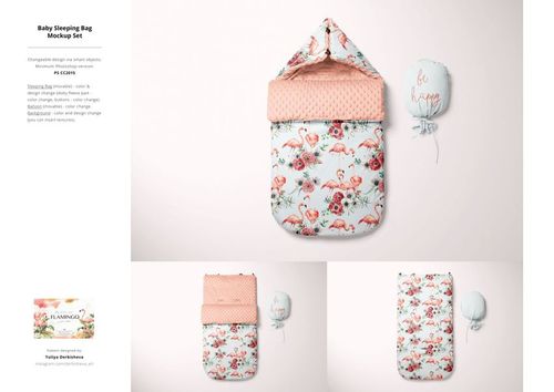 PSD mockup featuring a baby sleeping bag with a tropical flamingo print and a light blue pillow on a plain background.