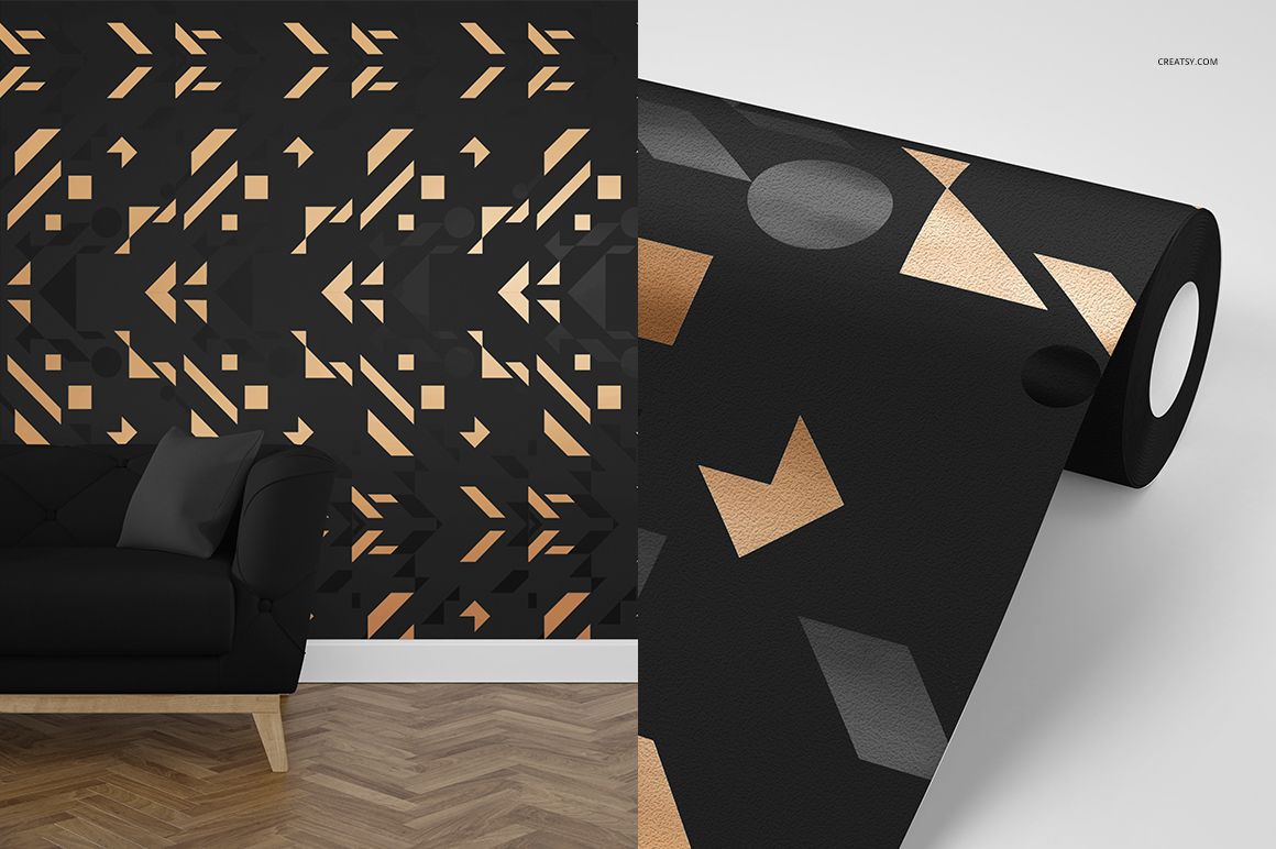 Modern wallpaper mockup featuring a geometric gold and black pattern, shown on a wall and a roll, with a sofa nearby.
