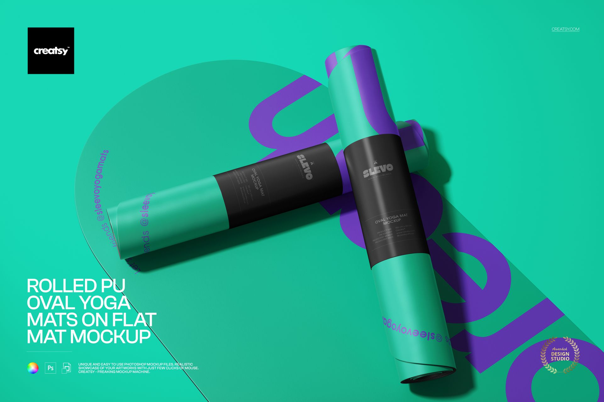 Two rolled oval yoga mats in teal and purple are placed diagonally on a flat mat, shown in a front perspective mockup.