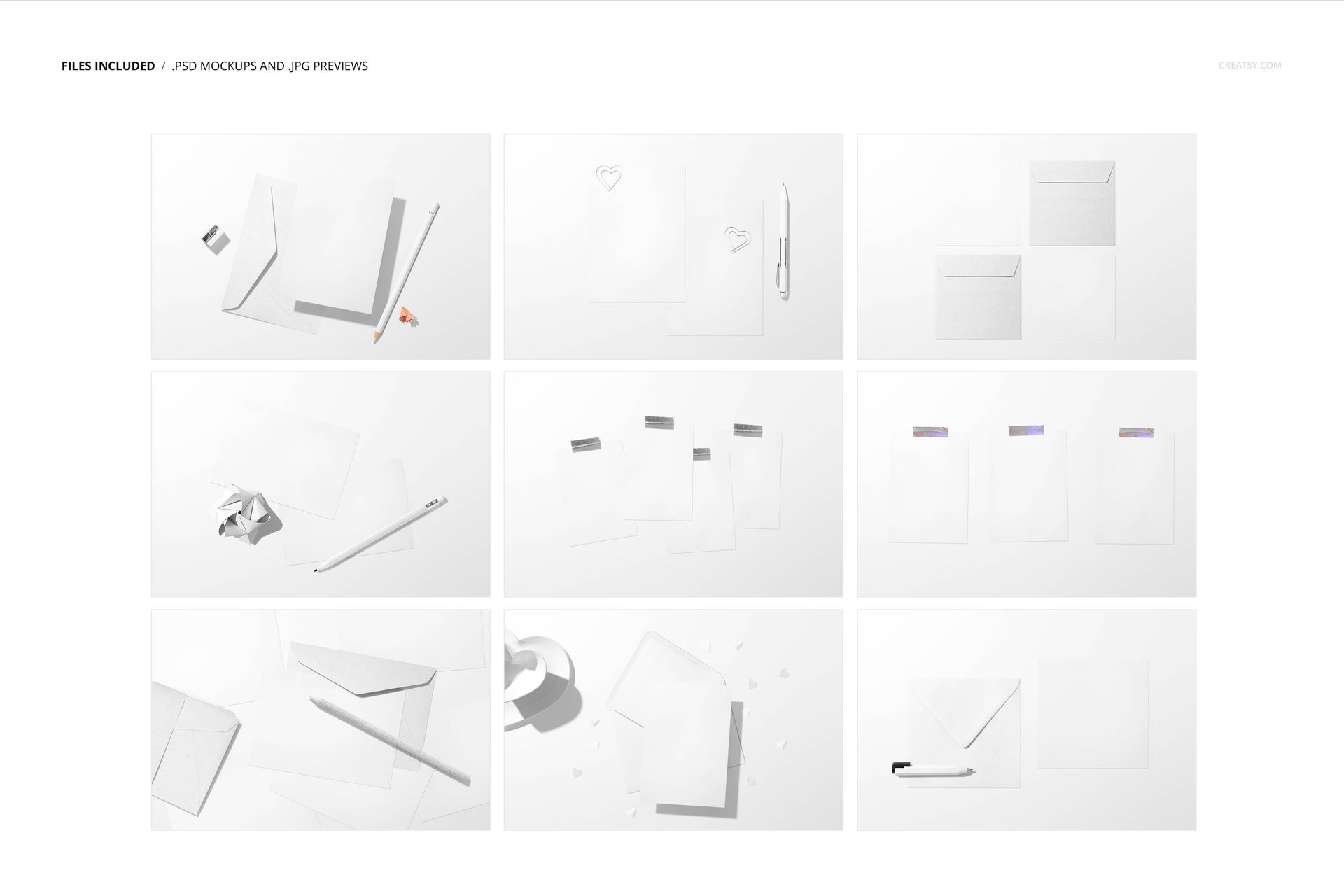 Set of paper valentines cards and envelopes mockup arranged in a grid, viewed from above with minimal props.