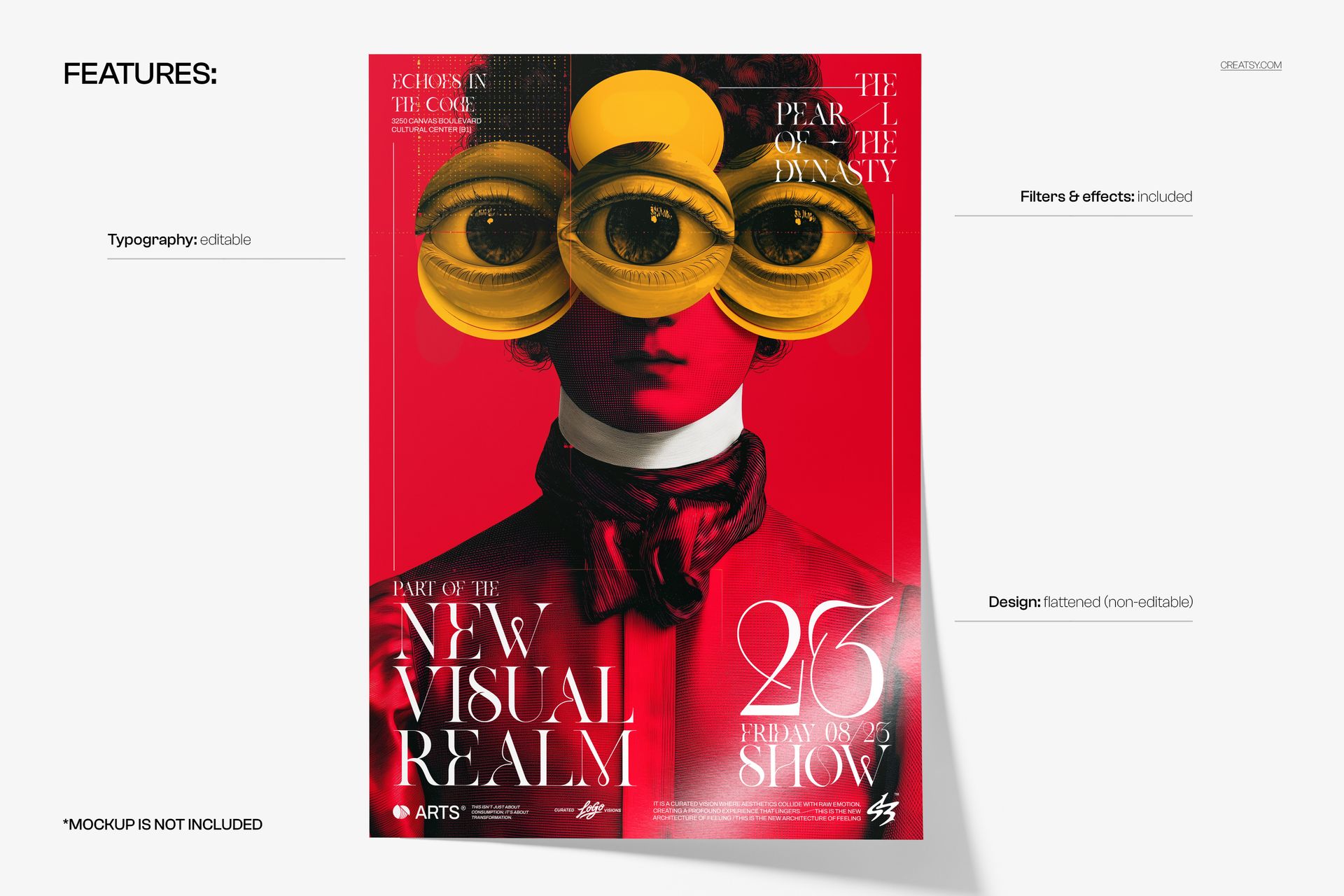 Front view of a poster mockup featuring a fragmented face with multiple yellow eyes and red tones, surrounded by text.