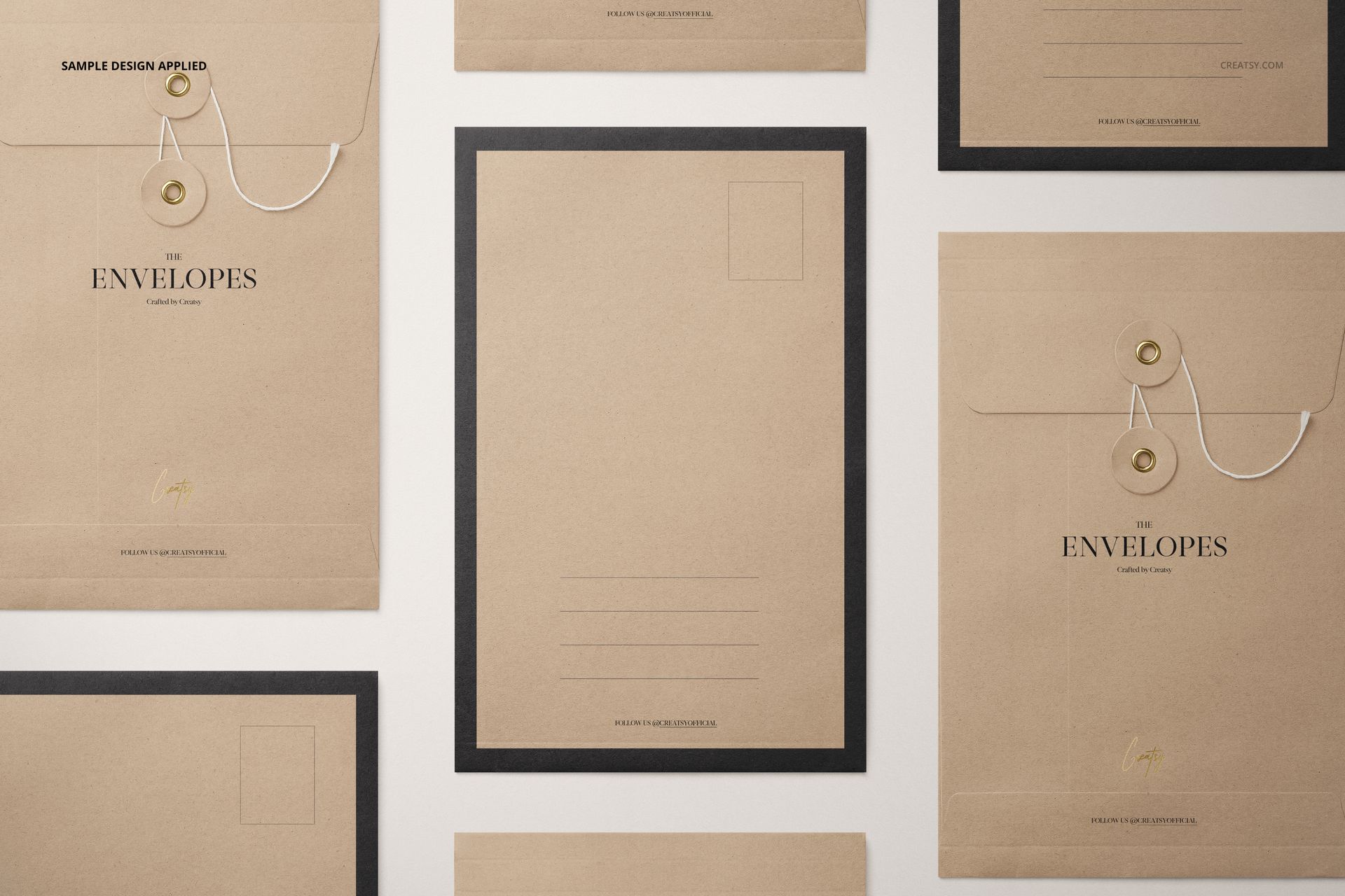 Top view of several brown string envelopes and flat mailers arranged on a light surface, showcasing stationery mockup.