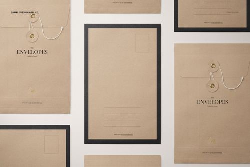 Top view of several brown string envelopes and flat mailers arranged on a light surface, showcasing stationery mockup.