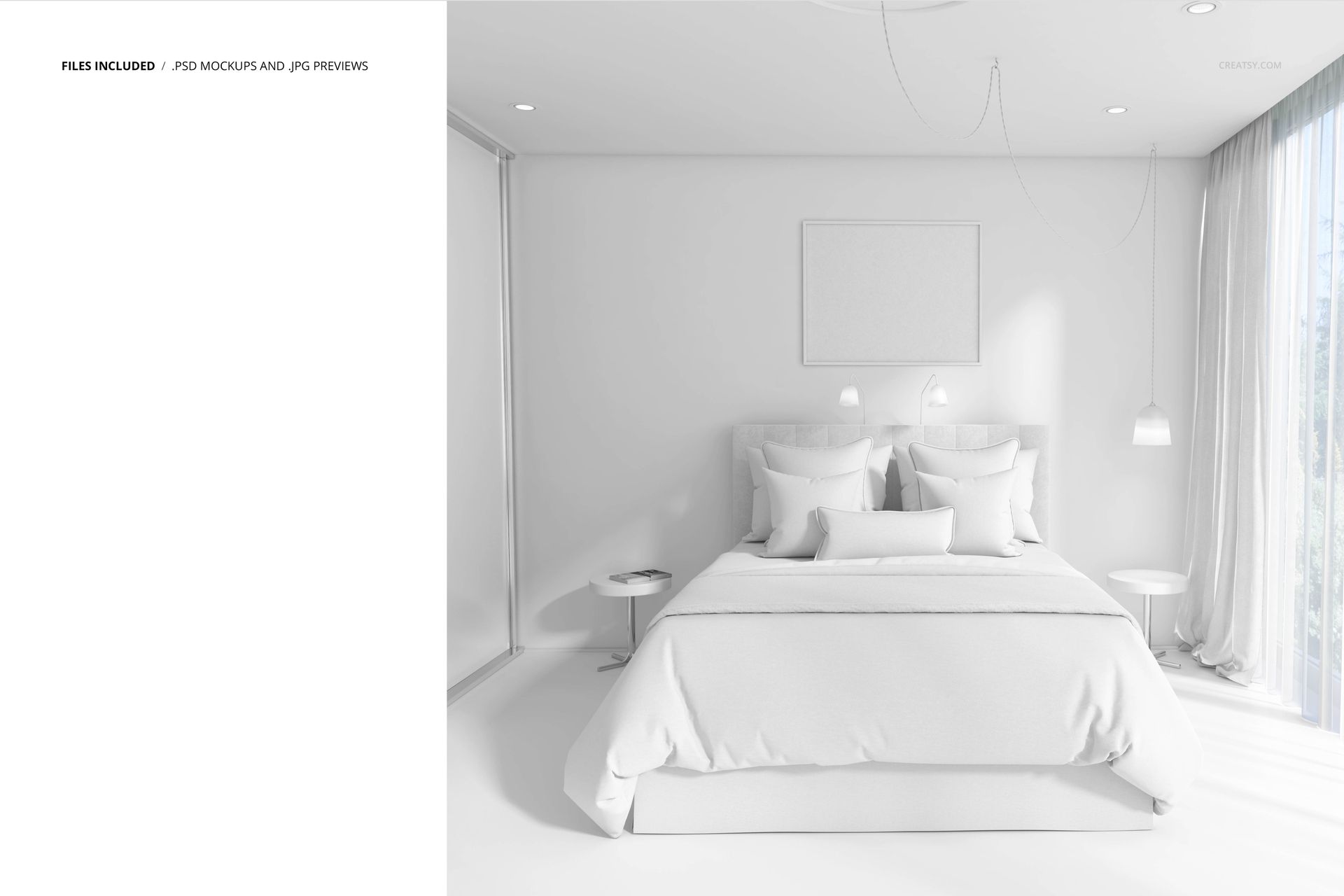 PSD mockup of a bedroom with a double bed, multiple pillows, pendant lights, and sheer curtains in a sunlit space.