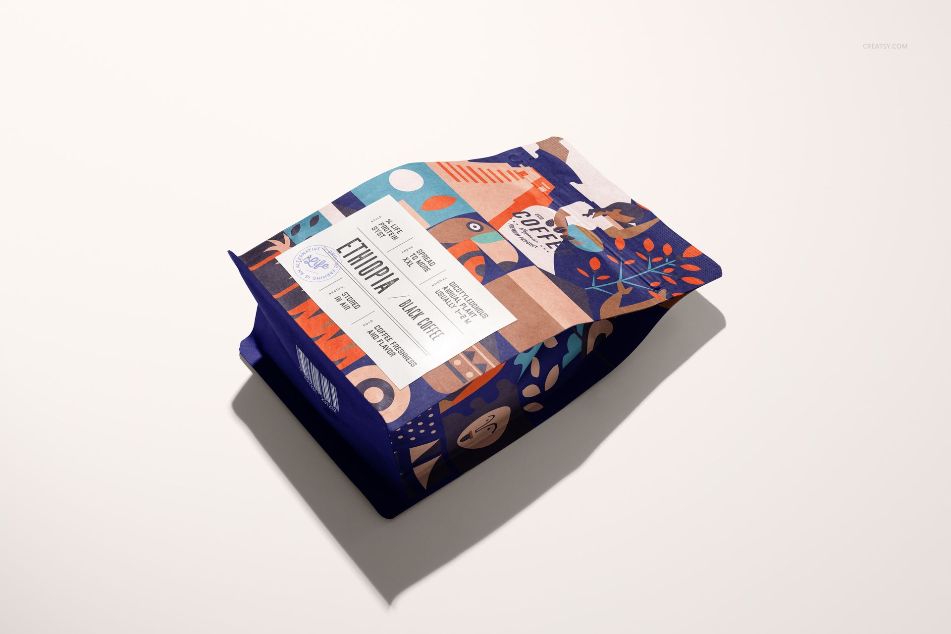 Coffee bag mockup featuring a rectangular package with colorful abstract patterns, viewed from a slight angle on a light surface.