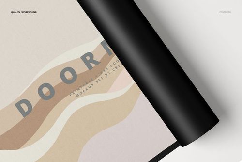 Rectangular door mat mockup featuring soft wavy beige and tan design, shown from above with one edge rolled up.