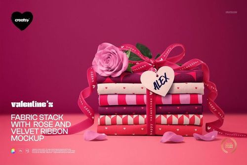 PSD mockup showing folded fabrics in various pink and red patterns, with a rose and ribbon on top, front perspective.