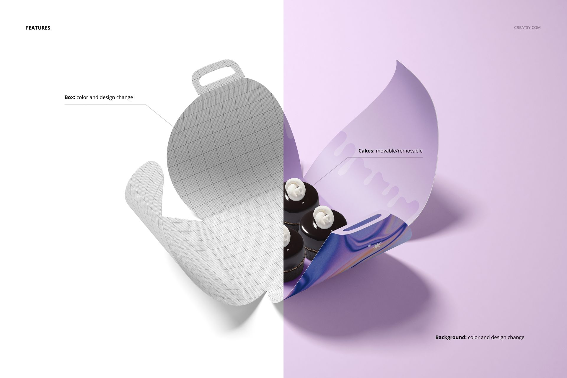 Curved cake box mockup shown in a split view, with grid pattern on left and purple design on right, holding cupcakes.