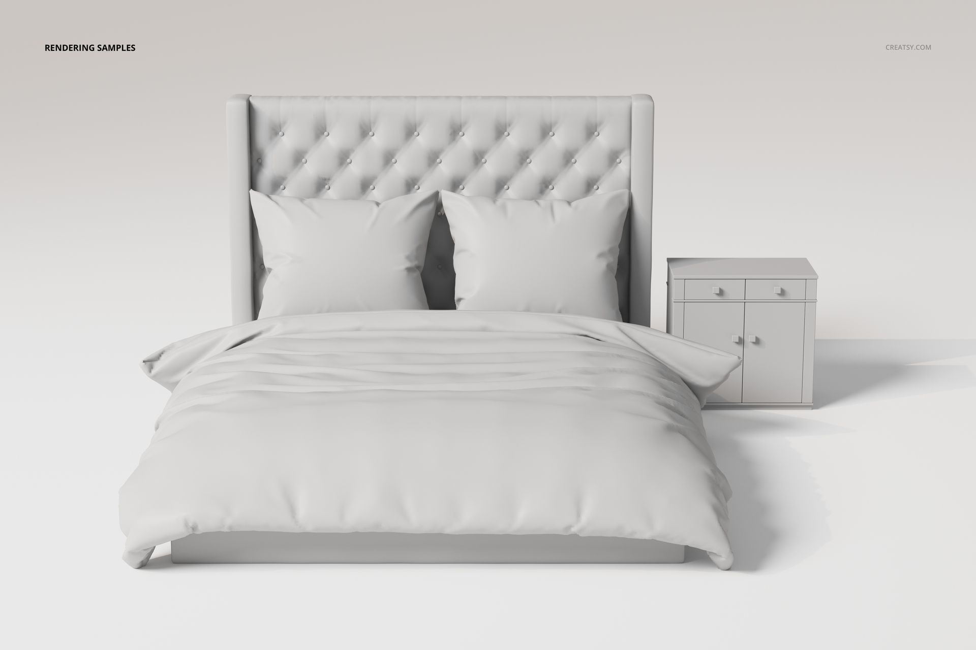 Front view of a tufted panel bed with two pillows and a comforter in light gray, next to a matching nightstand.