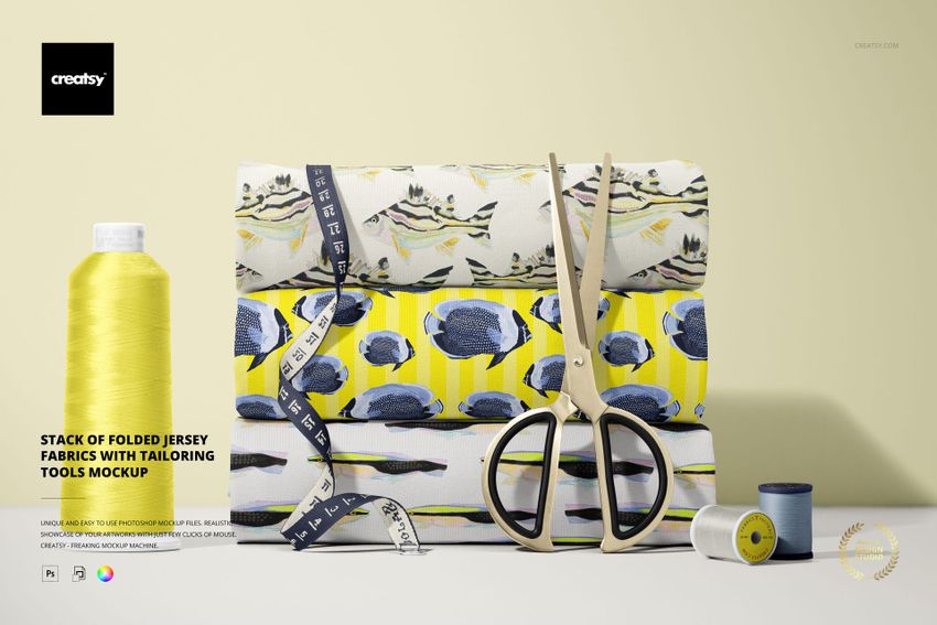 Stack of Folded Jersey Fabrics with Tailoring Tools Mockup - mockup screenshot 1