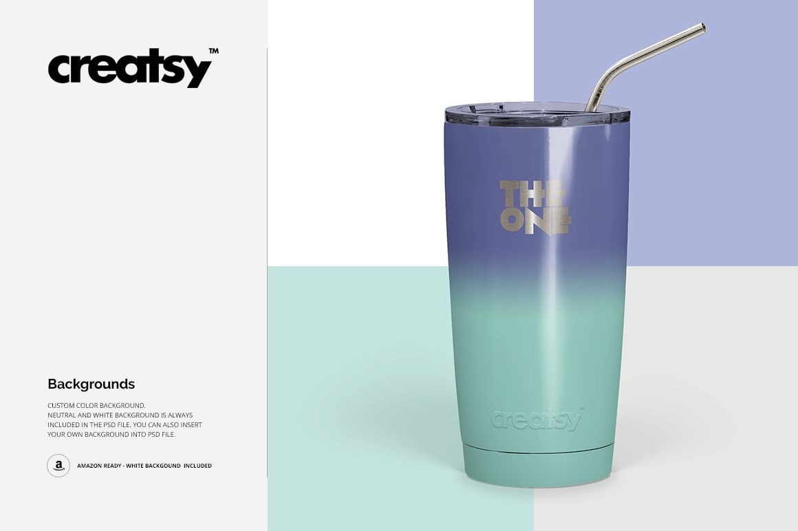 Powder coated tumbler with a gradient blue and green finish, metal straw, and engraved text, front view on color blocks.