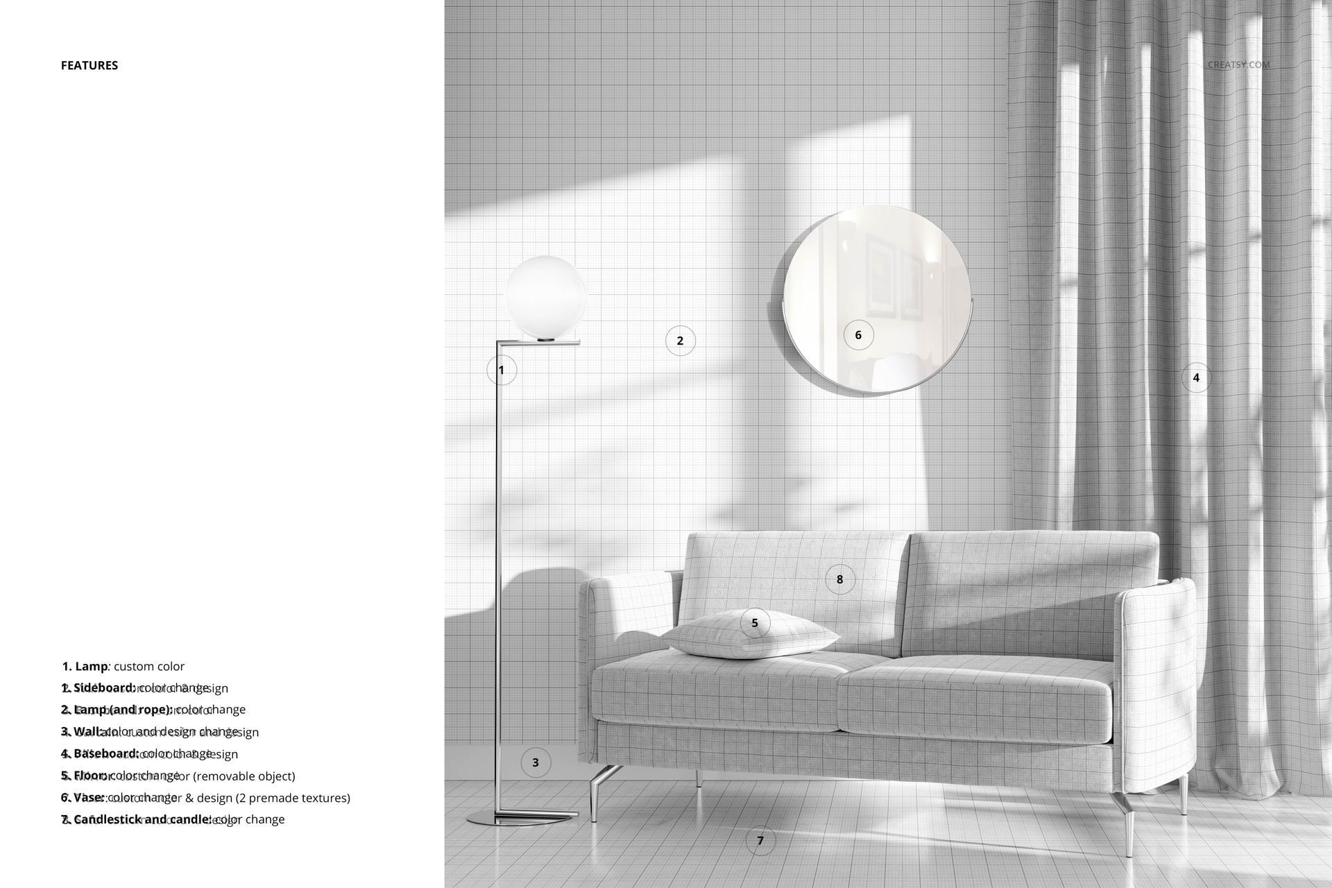 Front view of a modern classic living room mockup with a light gray sofa, floor lamp, round mirror, and sheer curtains.