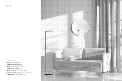 Front view of a modern classic living room mockup with a light gray sofa, floor lamp, round mirror, and sheer curtains.