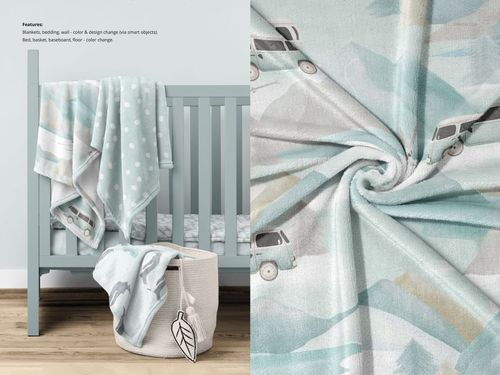 30x40 fleece blanket mockup featuring gentle car and dot designs, shown on a crib and close-up of fabric texture.