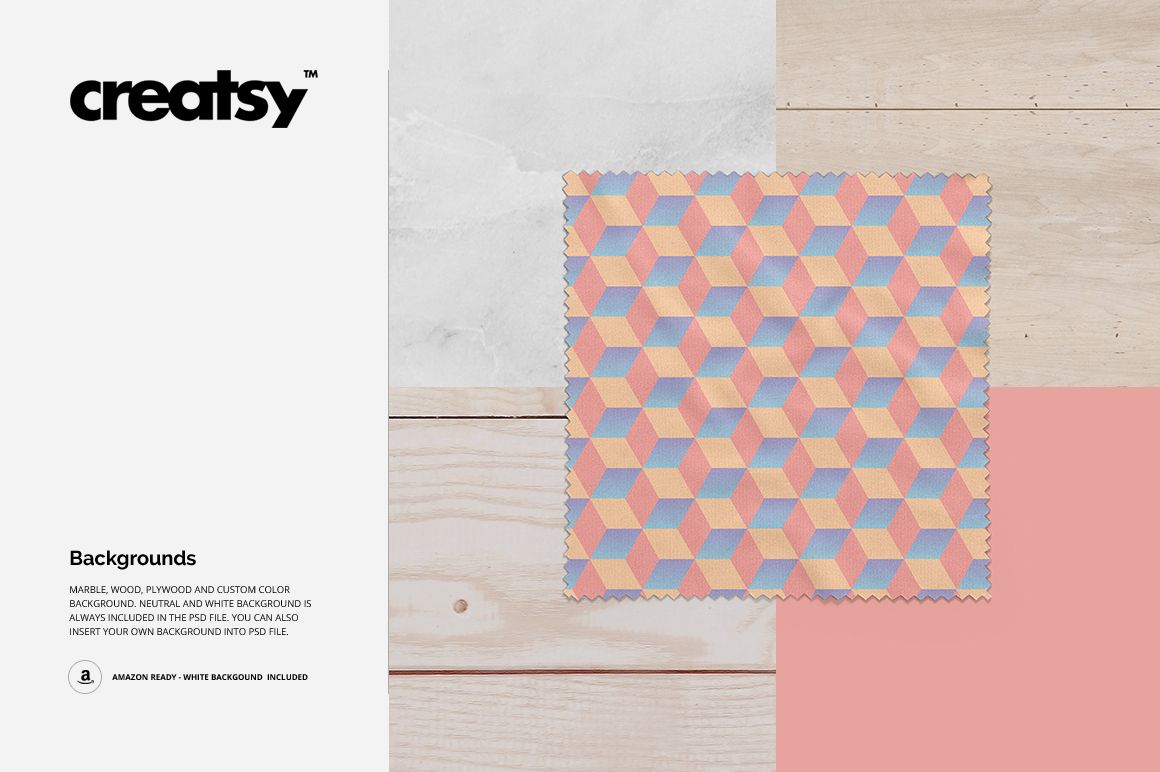 Pastel-colored microfiber cloth featuring a repeating cube design, displayed flat in a PSD mockup on wood and pink backgrounds.