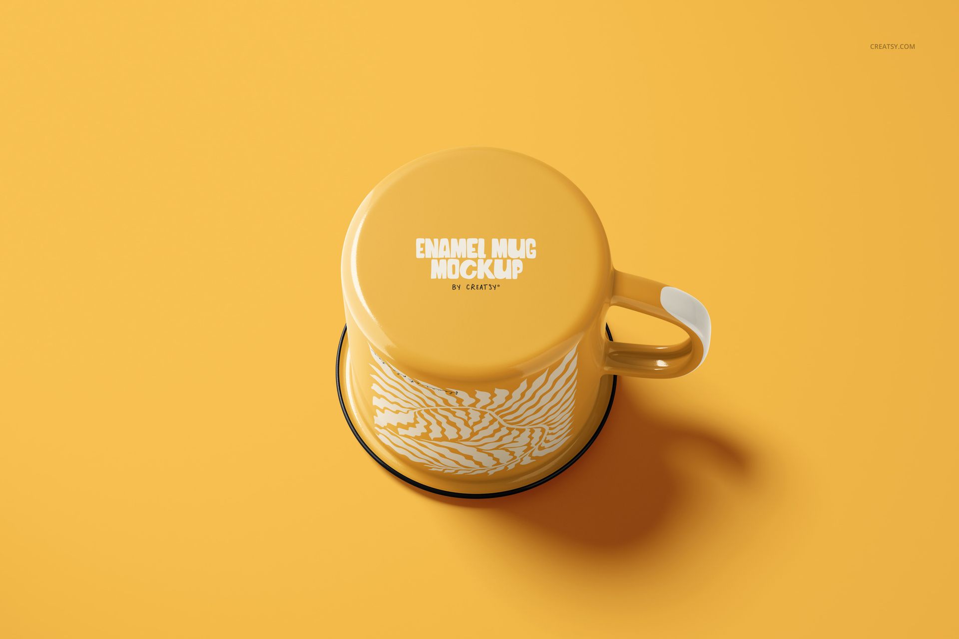 360ml enamel mug PSD mockup in yellow with a white decorative motif, shown from an overhead perspective.