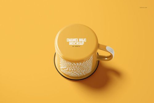 360ml enamel mug PSD mockup in yellow with a white decorative motif, shown from an overhead perspective.