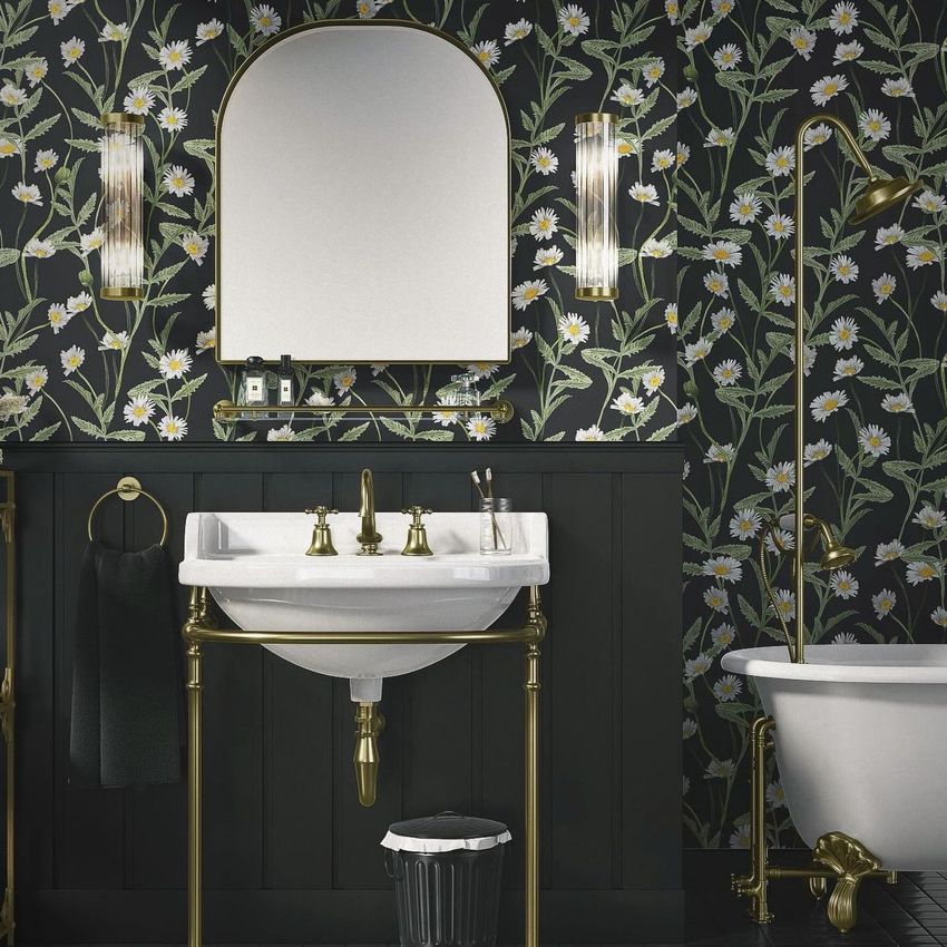 Traditional style bathroom mockup featuring a white sink with brass fixtures, floral wallpaper, and a freestanding bathtub.