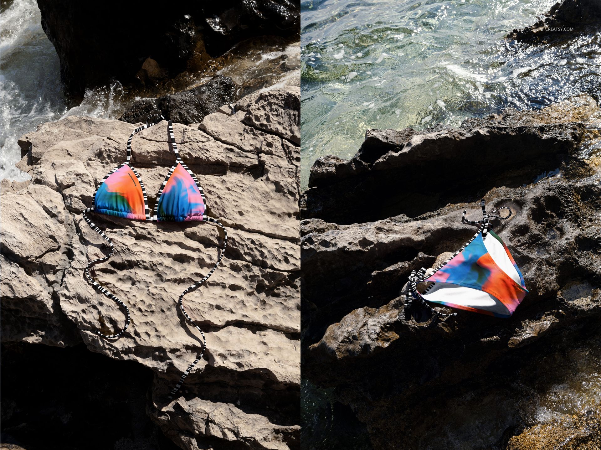Colorful bikini mockup set displayed on rocky outdoor coastline, featuring vibrant patterns and natural sunlight.