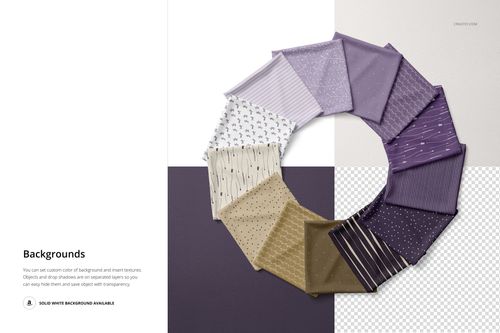 PSD mockup showing multiple folded fabric samples in a circular arrangement, highlighting different colors and patterns.
