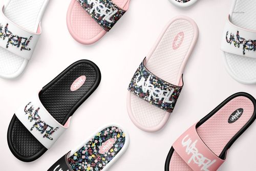Slide sandals mockup set showing multiple pairs in black, white, and pink with floral and graphic patterns on straps.