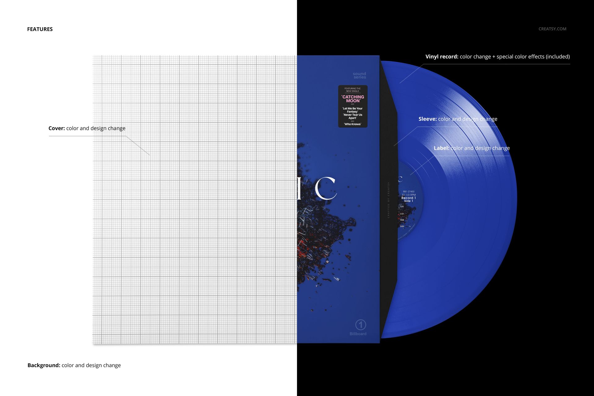 Mockup of a blue vinyl record in a matching cover, displayed from above with grid and solid color backgrounds.