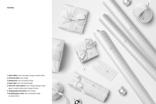 Top view of Christmas wrapping paper mockup with three rolls, four wrapped gifts, ribbons, and paper ornaments on a light background.