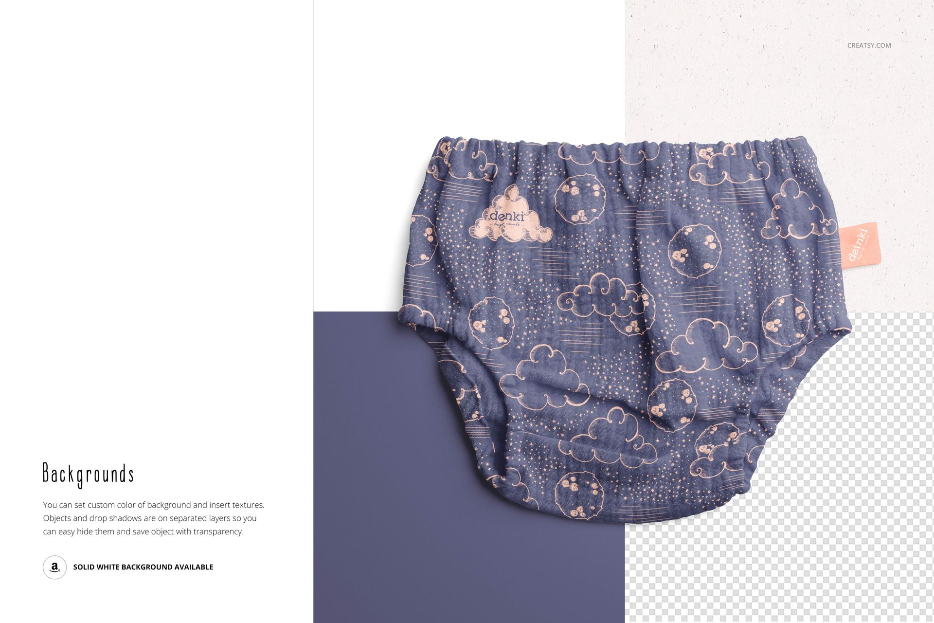 Baby muslin pants mockup displayed from the front, decorated with whimsical clouds and moons on a blue fabric.